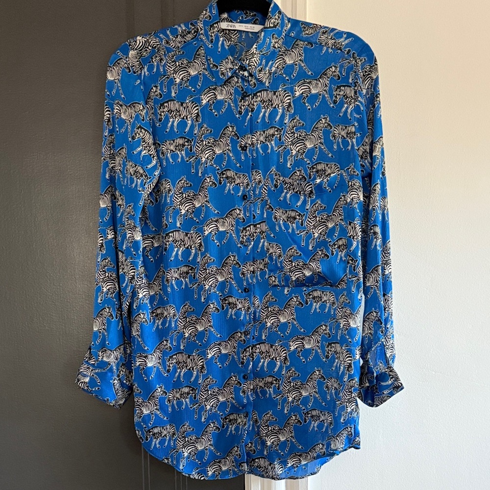 Zara Blue and Black Zebra Print Shirt